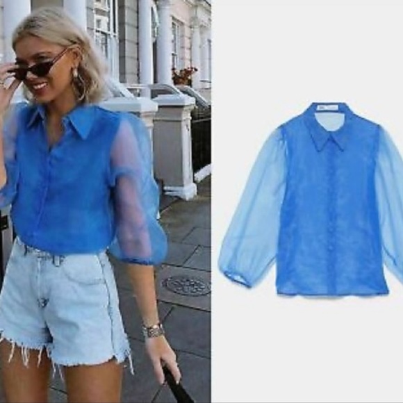 Zara Tops - Zara blue organza button up puff sleeve blouse